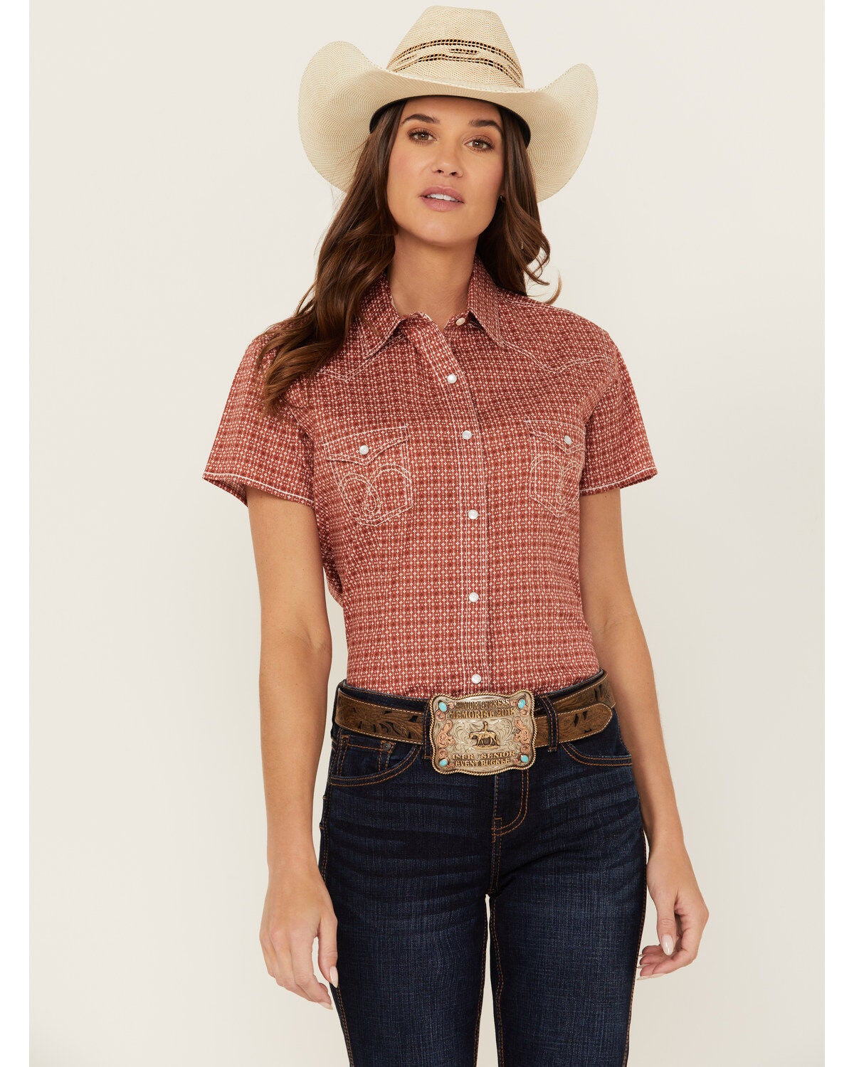 Rough Stock by Panhandle Women's Micro Geo Print Short Sleeve Pearl Snap Stretch Western Shirt, Rust Copper, hi-res