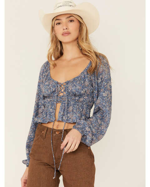 Wild Moss Long Sleeve Tie Front Ranched Floral Top, Blue, hi-res