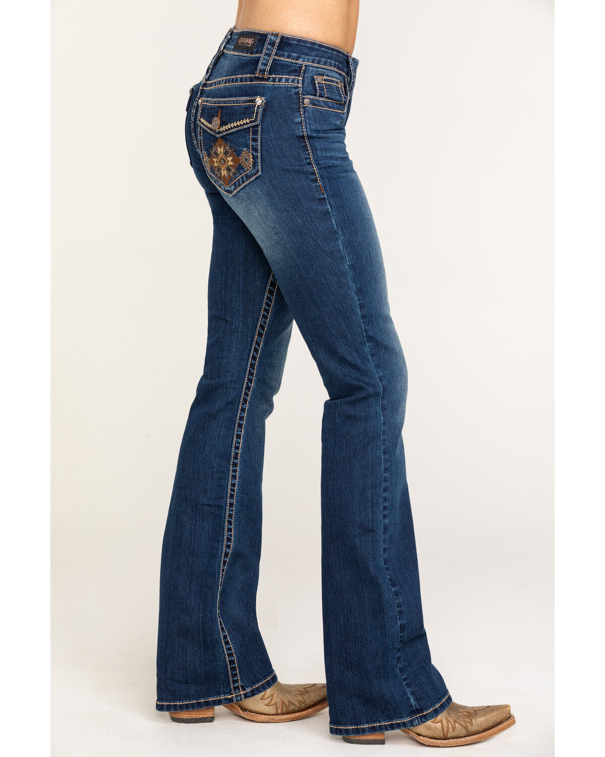 Image #3 - Shyanne Women's Dark Wash Aztec Mock Flap Bootcut Jeans, , hi-res