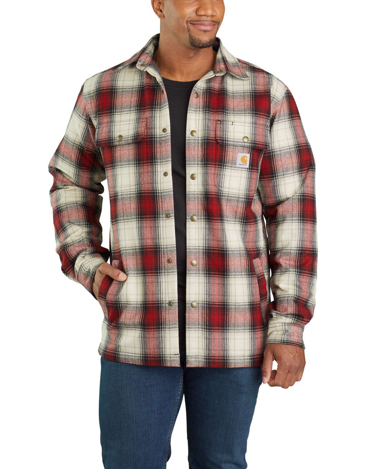 red carhartt long sleeve shirt