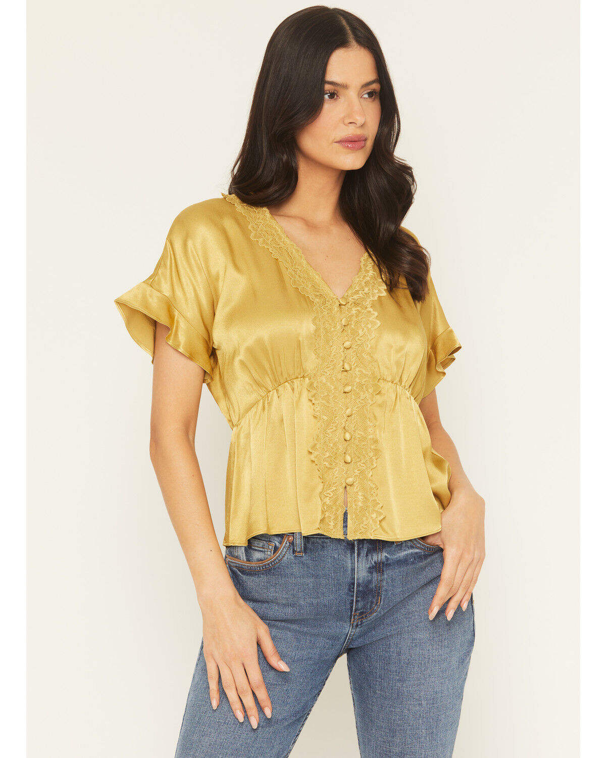 Image #1 - Shyanne Women's Satin Lace Trim Short Sleeve Button-Down Shirt, Olive, hi-res