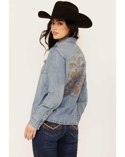Image #4 - Stetson Women's Medium Wash Embroidered Cowboy Long Sleeve Pearl Snap Denim Shirt , Blue, hi-res