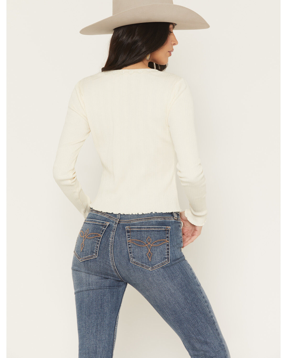 Image #4 - Shyanne Women's Lace Trim Tie-Front Long Sleeve Top, Cream, hi-res