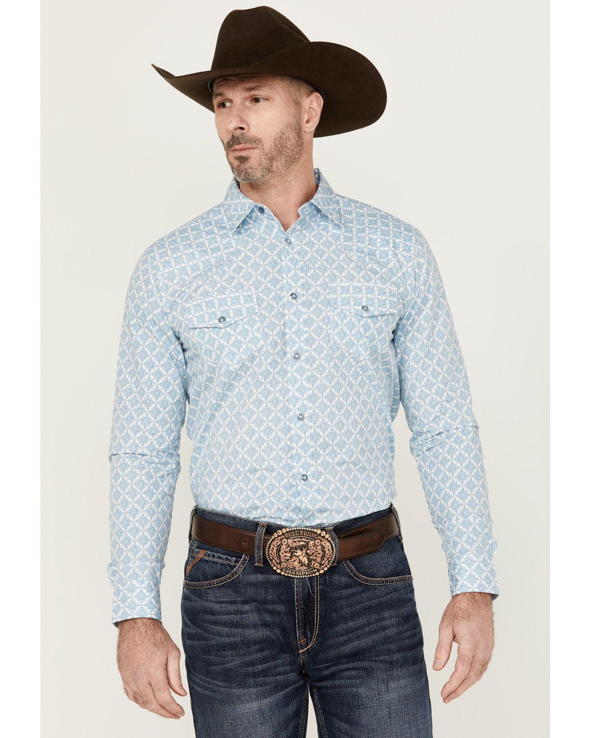 Gibson Men's Gma's Couch Mosaic Medallion Print Long Sleeve Snap Western Shirt, Light Blue, hi-res