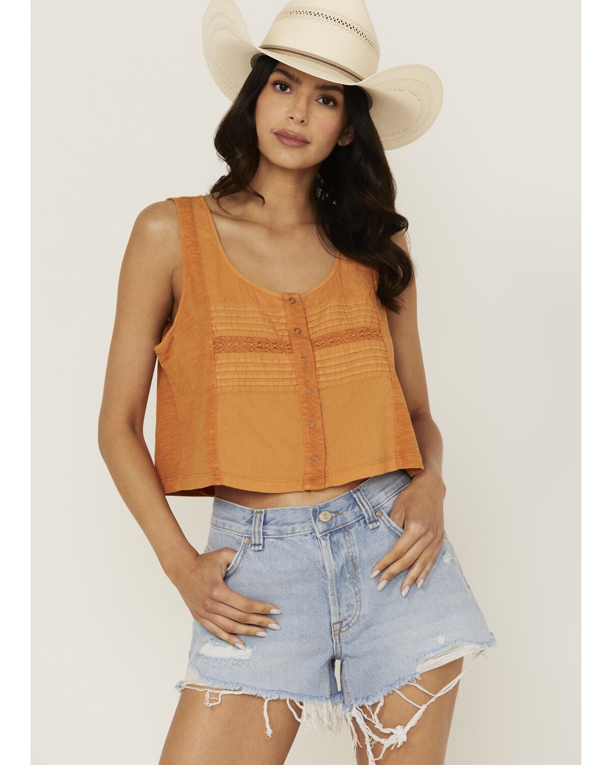 Cleo + Wolf Women's Brighton Cropped Pintuck Tank, Light Orange, hi-res