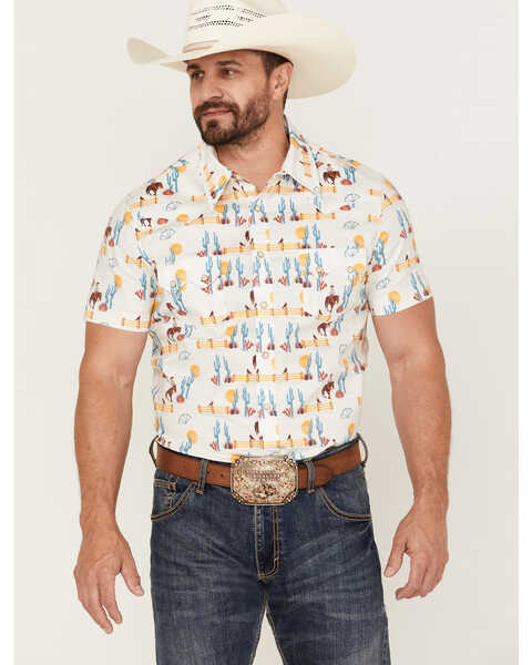 Dale Brisby Men's Cactus Conversational Print Short Sleeve Snap Western Shirt , Teal, hi-res