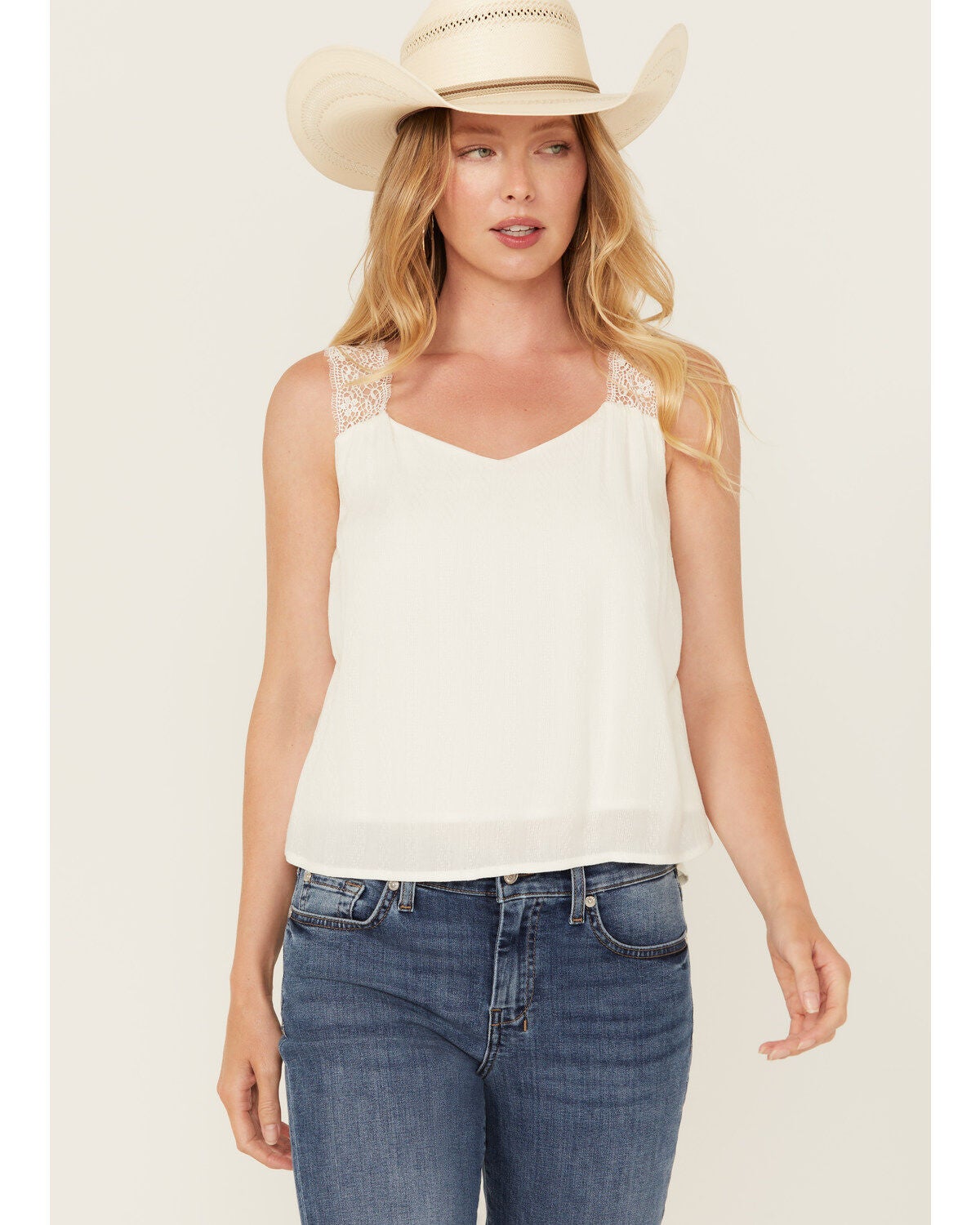 Shyanne Women's Lace Trim Cami, Off White, hi-res