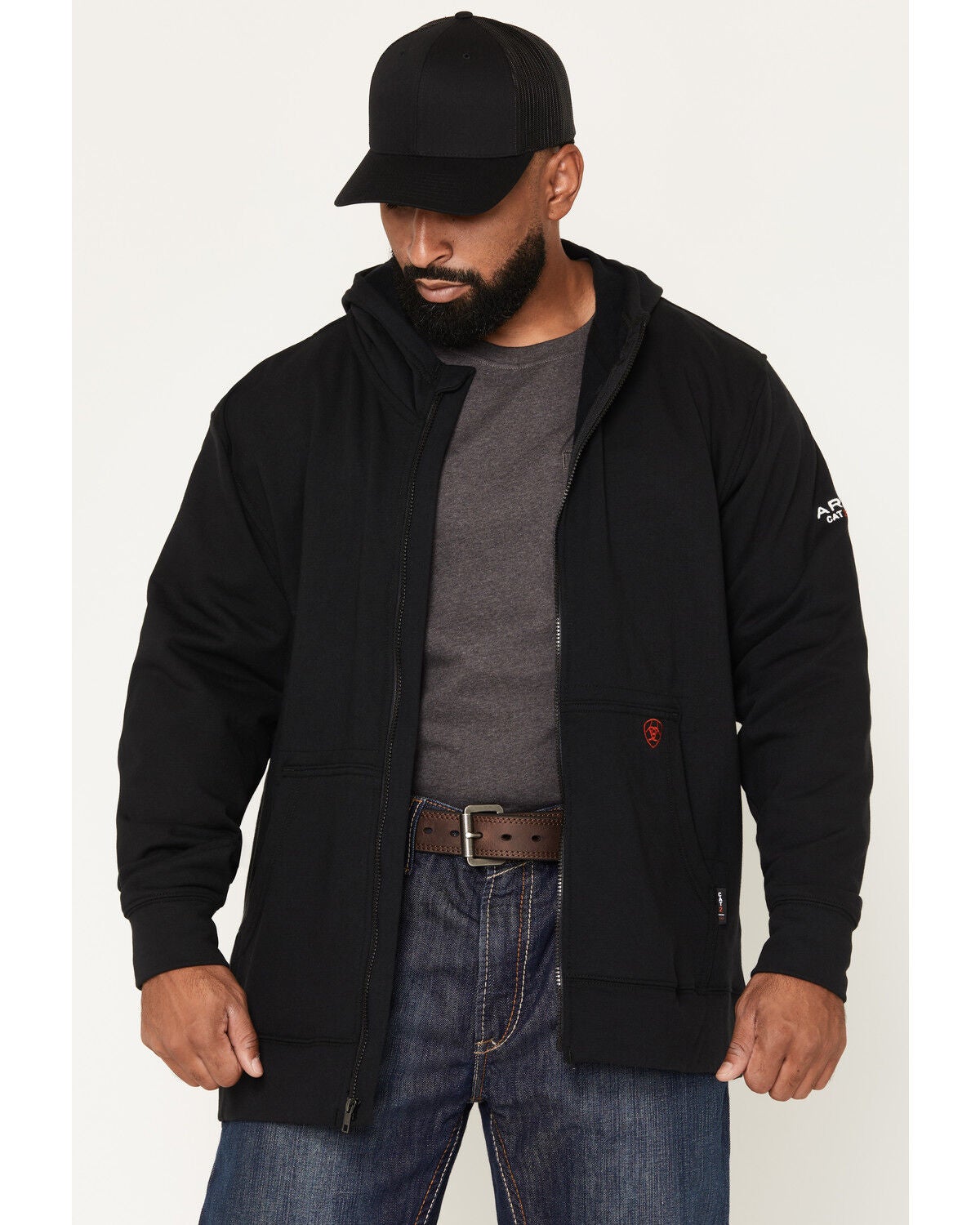 Image #2 - Ariat Men's FR Durastretch New Rig Life Full Zip Hooded Jacket, Black, hi-res