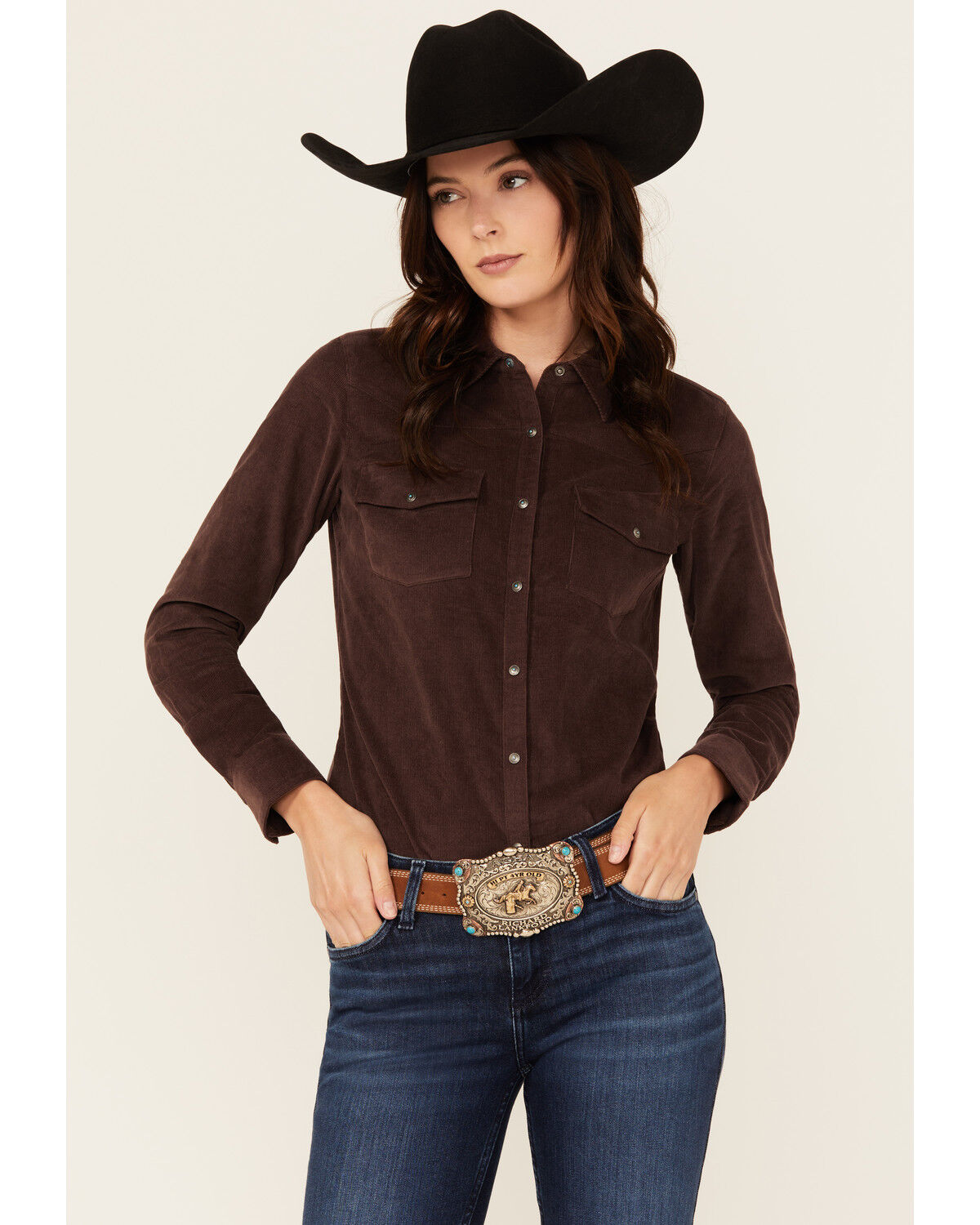 Image #1 - Shyanne Women's Wale Corduroy Long Sleeve Snap Western Shirt, Chocolate, hi-res