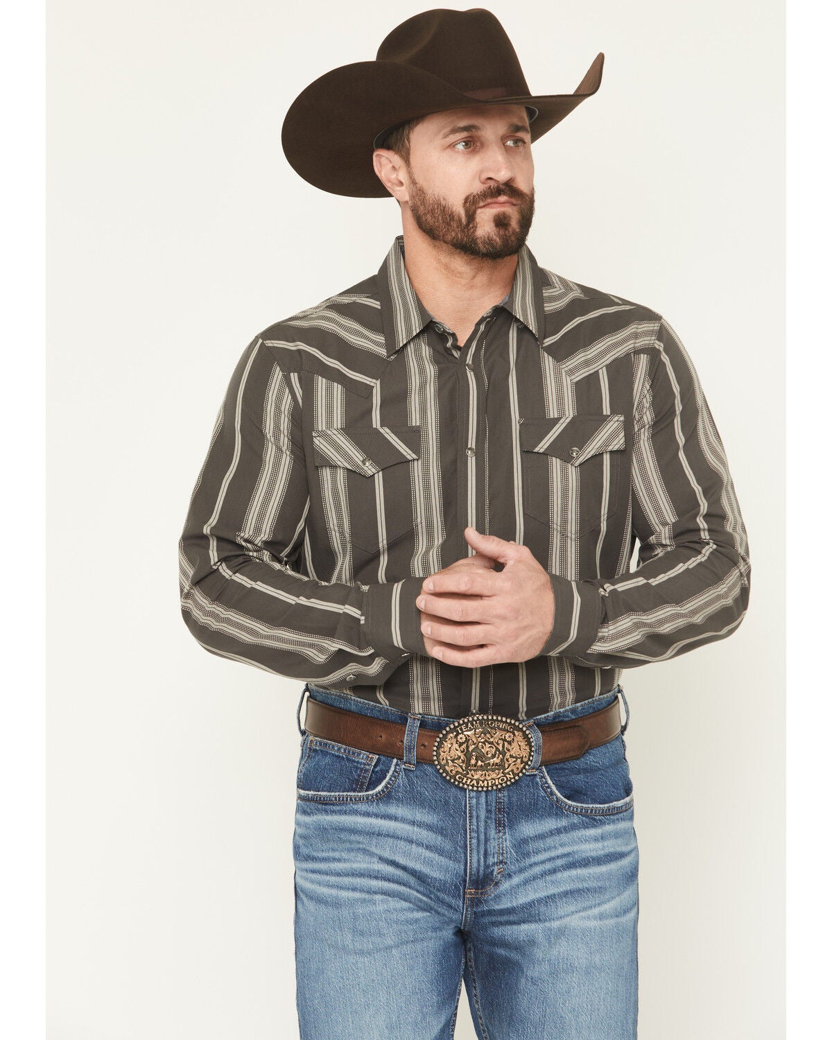 Cody James Men's Harpeth Striped Long Sleeve Snap Western Shirt, Charcoal, hi-res