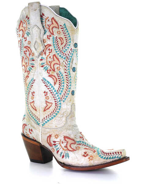 Image #1 - Corral Women's Turquoise Embroidery With Studs Western Boots - Snip Toe, White, hi-res