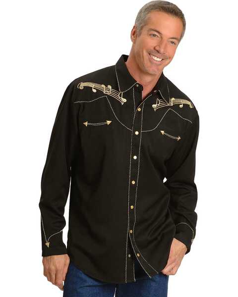 Image #1 - Scully Music Note Embroidered Retro Western Shirt - Big & Tall, Black, hi-res