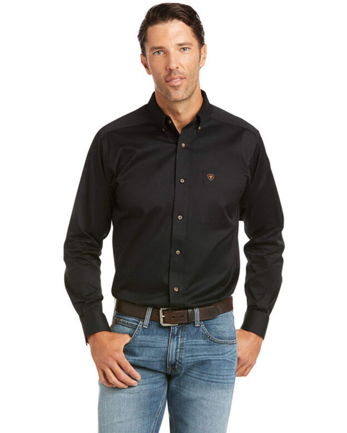 Ariat Men's Solid Twill Fitted Long Sleeve Button-Down Western Shirt, Black, hi-res