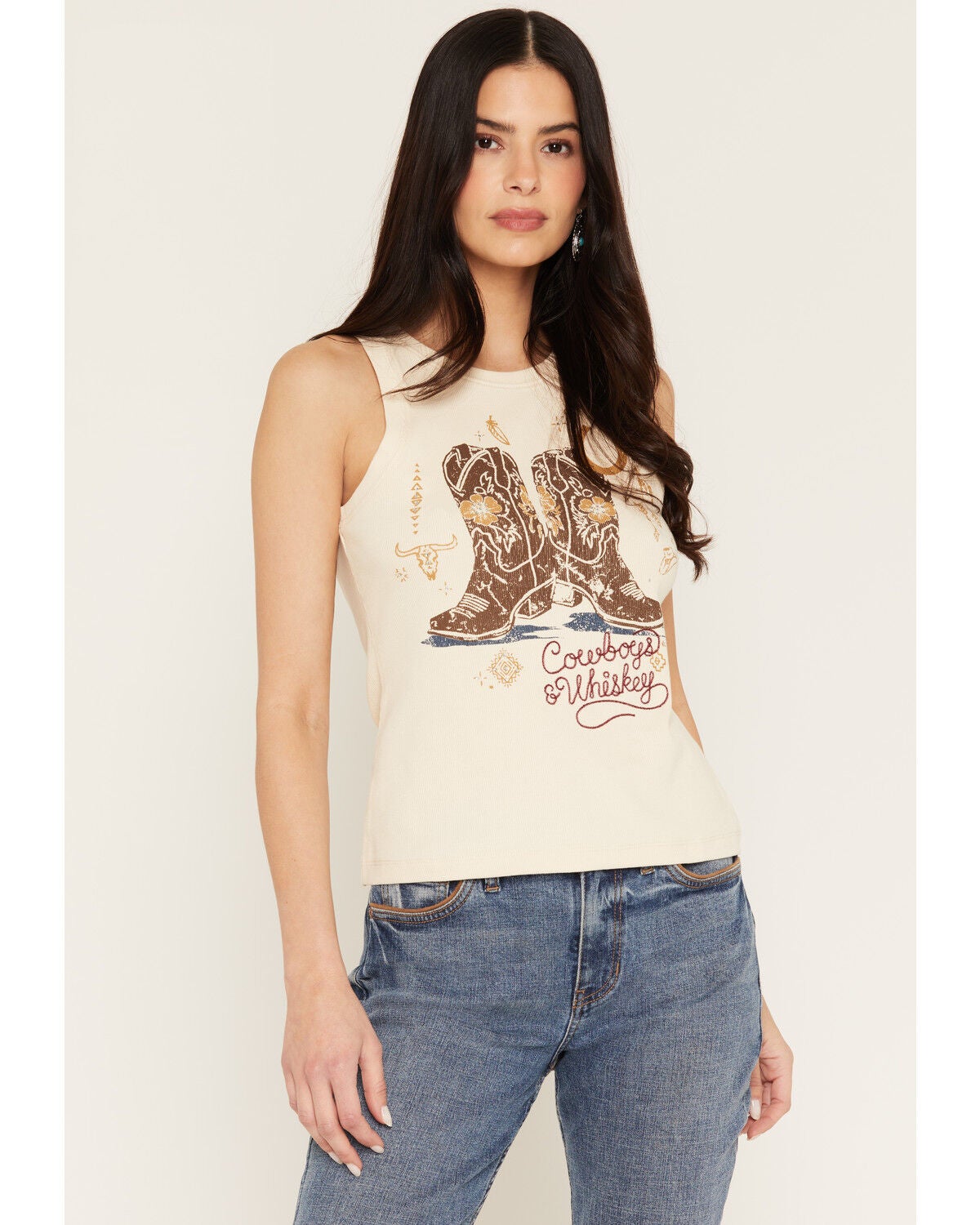 Shyanne Women's Cowboys and Whiskey Graphic Tank, Beige, hi-res