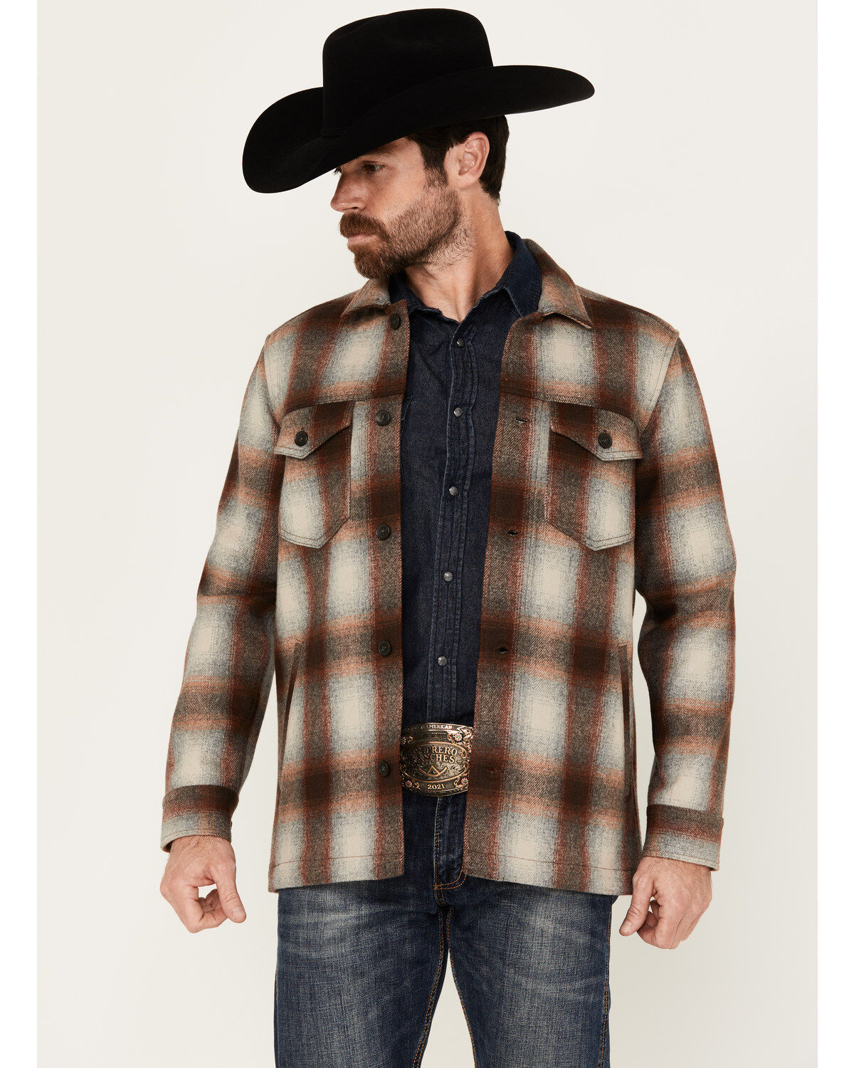 Image #1 - Pendleton Men's Lawson Ombre Plaid Print Long Sleeve Button-Down Shirt Jacket, Brown, hi-res