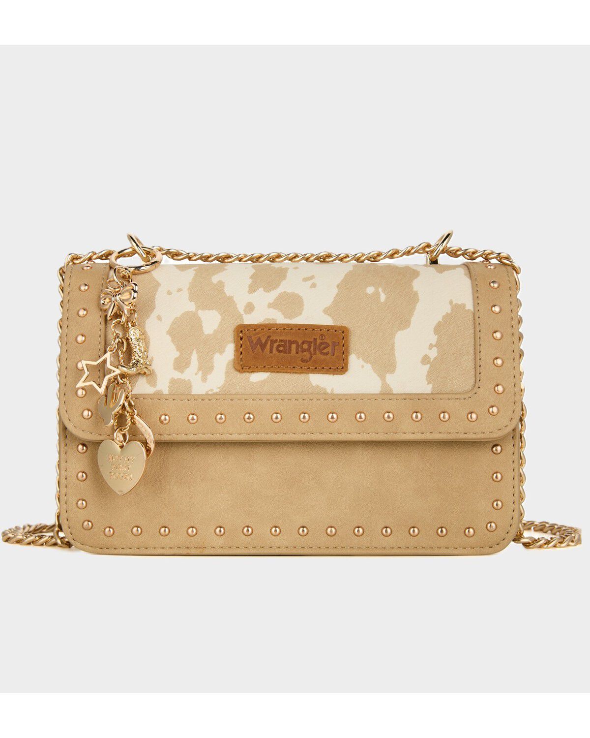 Image #1 - Wrangler X Boot Barn Women's Cow Print Shoulder Bag with Charm, Tan, hi-res