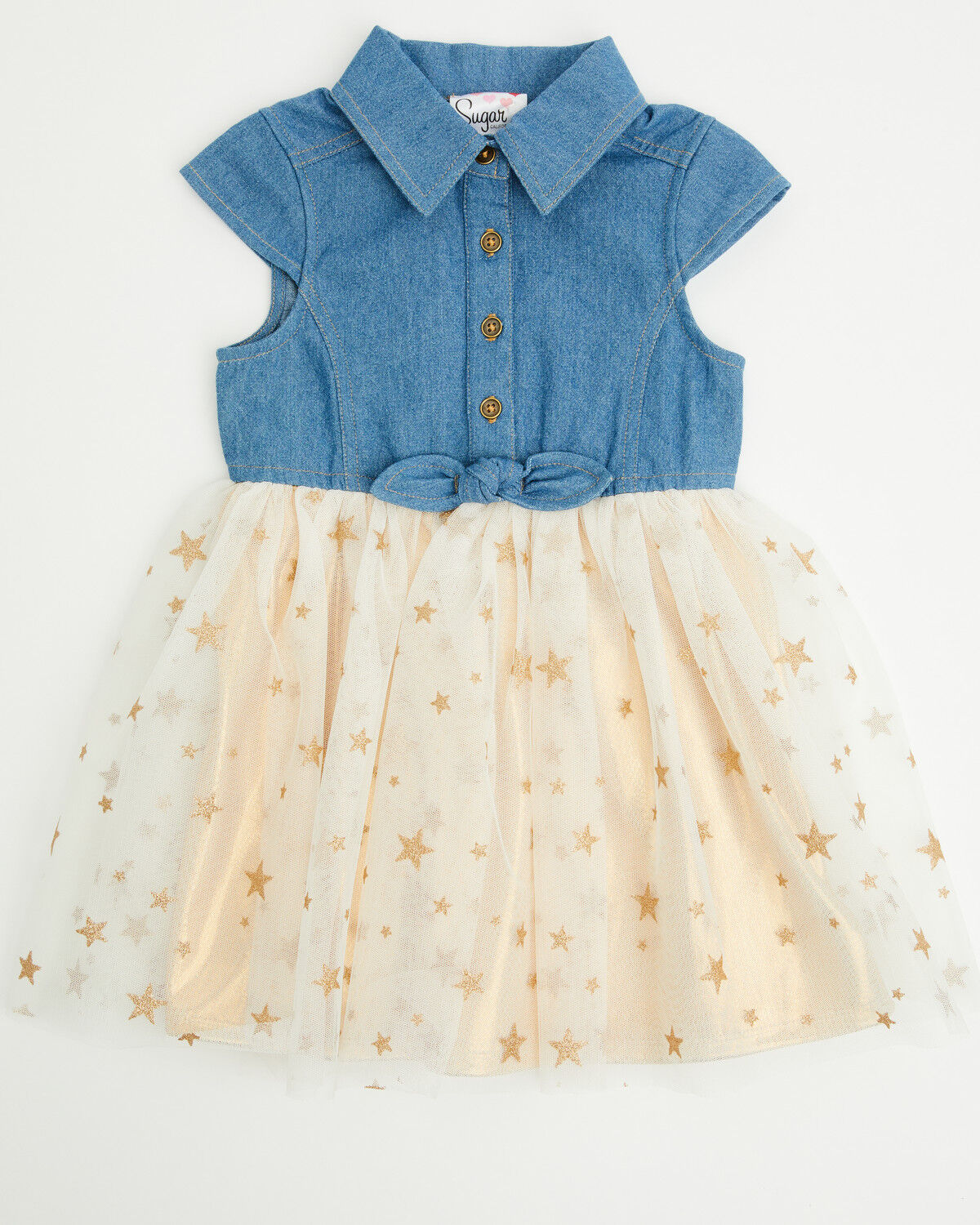 Image #1 - Sugar California Toddler Girls' Denim and Tulle Gold Star Dress, Multi, hi-res