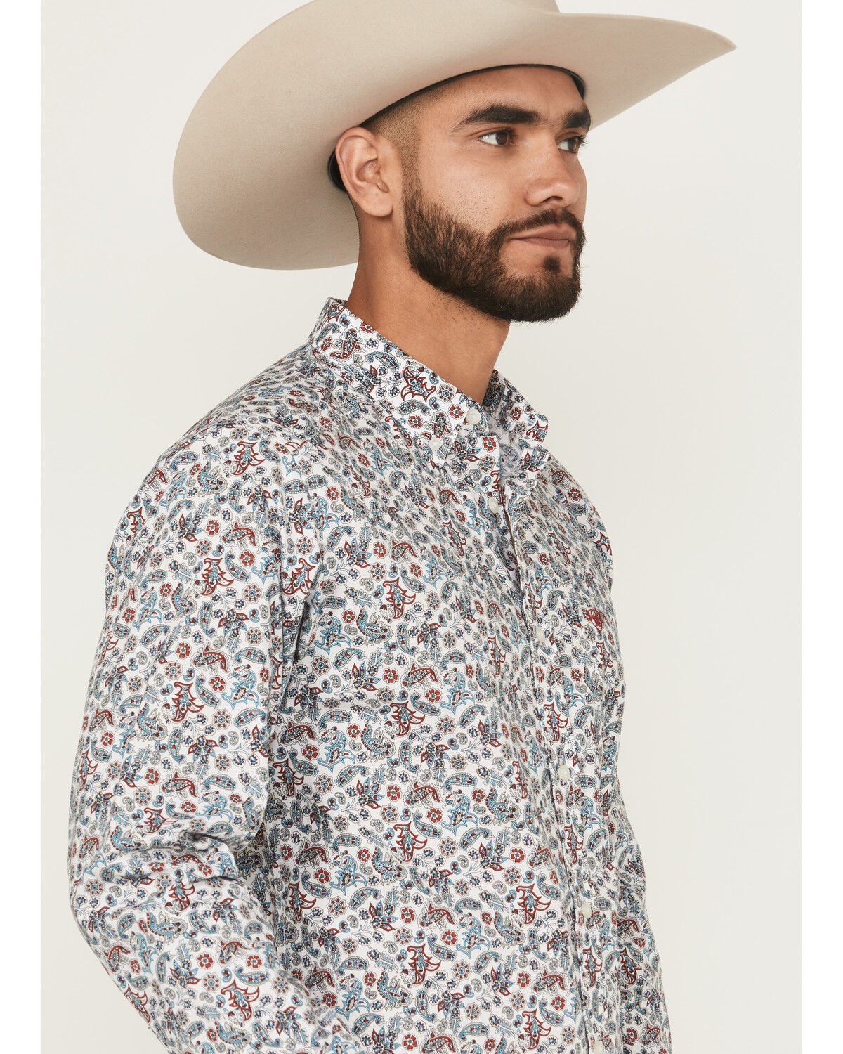 Image #2 - Ariat Men's Stiles Paisley Print Fitted Long Sleeve Button-Down Western Shirt, Light Blue, hi-res
