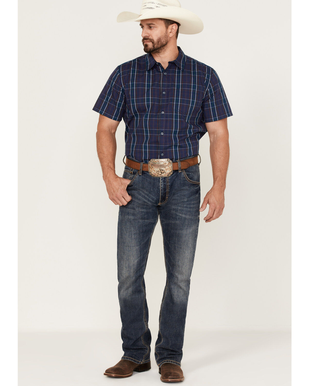 Image #2 - Gibson Men's Lost Leader Plaid Short Sleeve Button Down Western Shirt, Navy, hi-res
