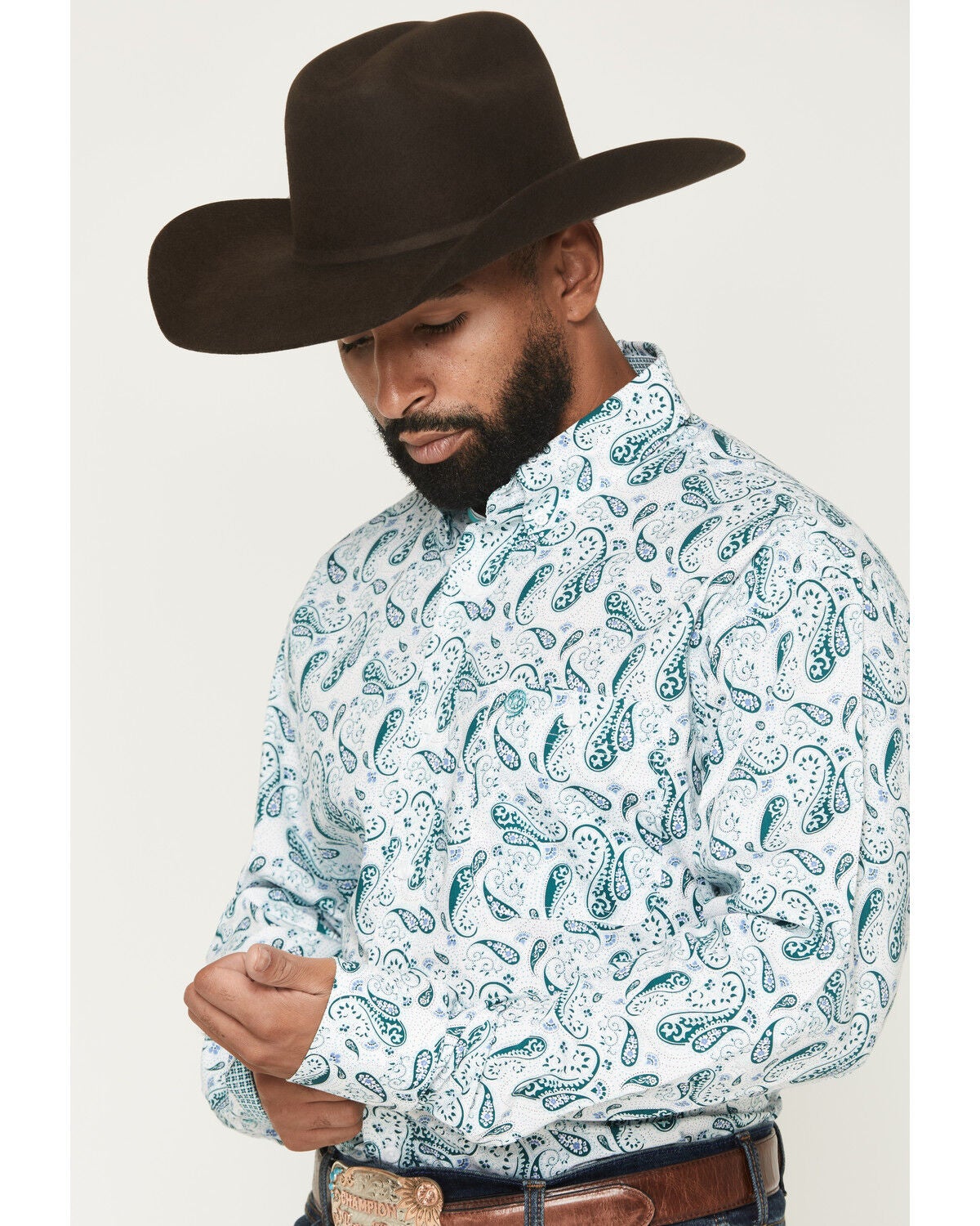 Image #2 - George Strait by Wrangler Men's Paisley Print Long Sleeve Button-Down Stretch Western Shirt - Big, White, hi-res