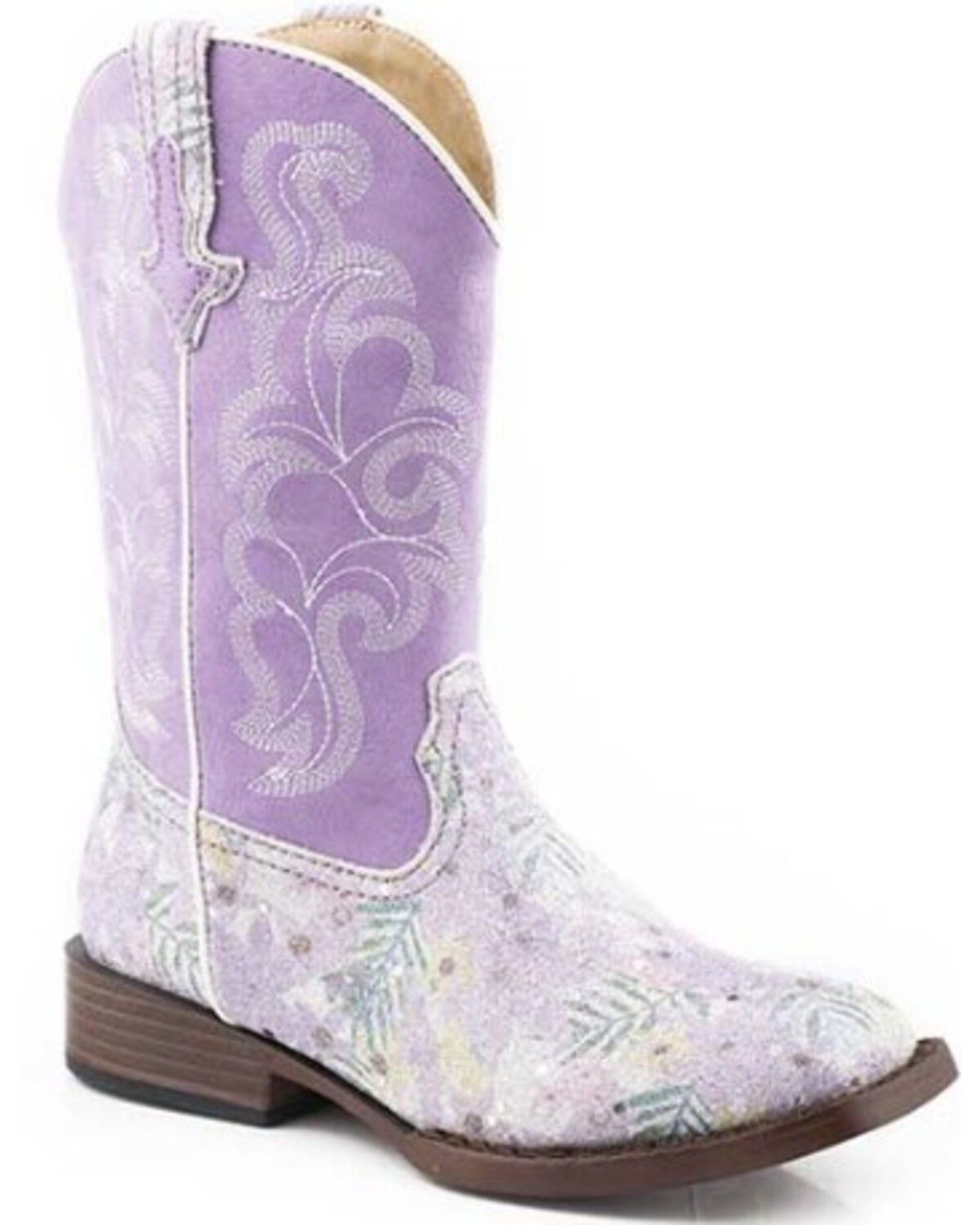Image #1 - Roper Little Girls' Glitter Floral Western Boots - Broad Square Toe, Purple, hi-res