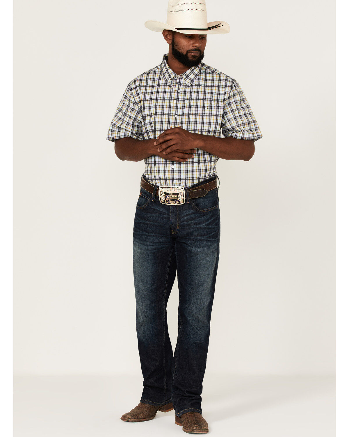 Image #2 - RANK 45® Men's Sponsor Plaid Print Short Sleeve Button-Down Western Shirt, Multi, hi-res