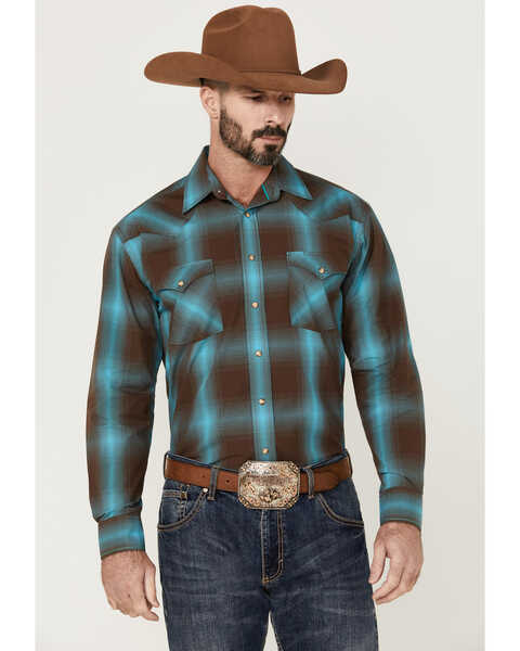 Rough Stock By Panhandle Men's Brown Large Ombre Plaid Long Sleeve Snap Western Shirt , Brown, hi-res