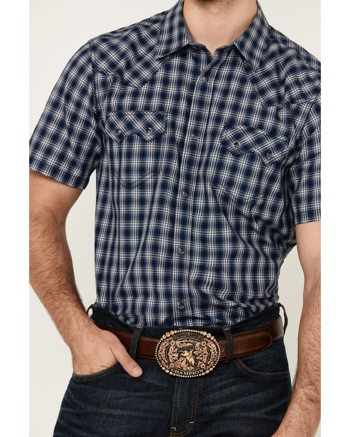 Image #3 - Cody James Men's Salud Plaid Print Short Sleeve Snap Western Shirt, Navy, hi-res