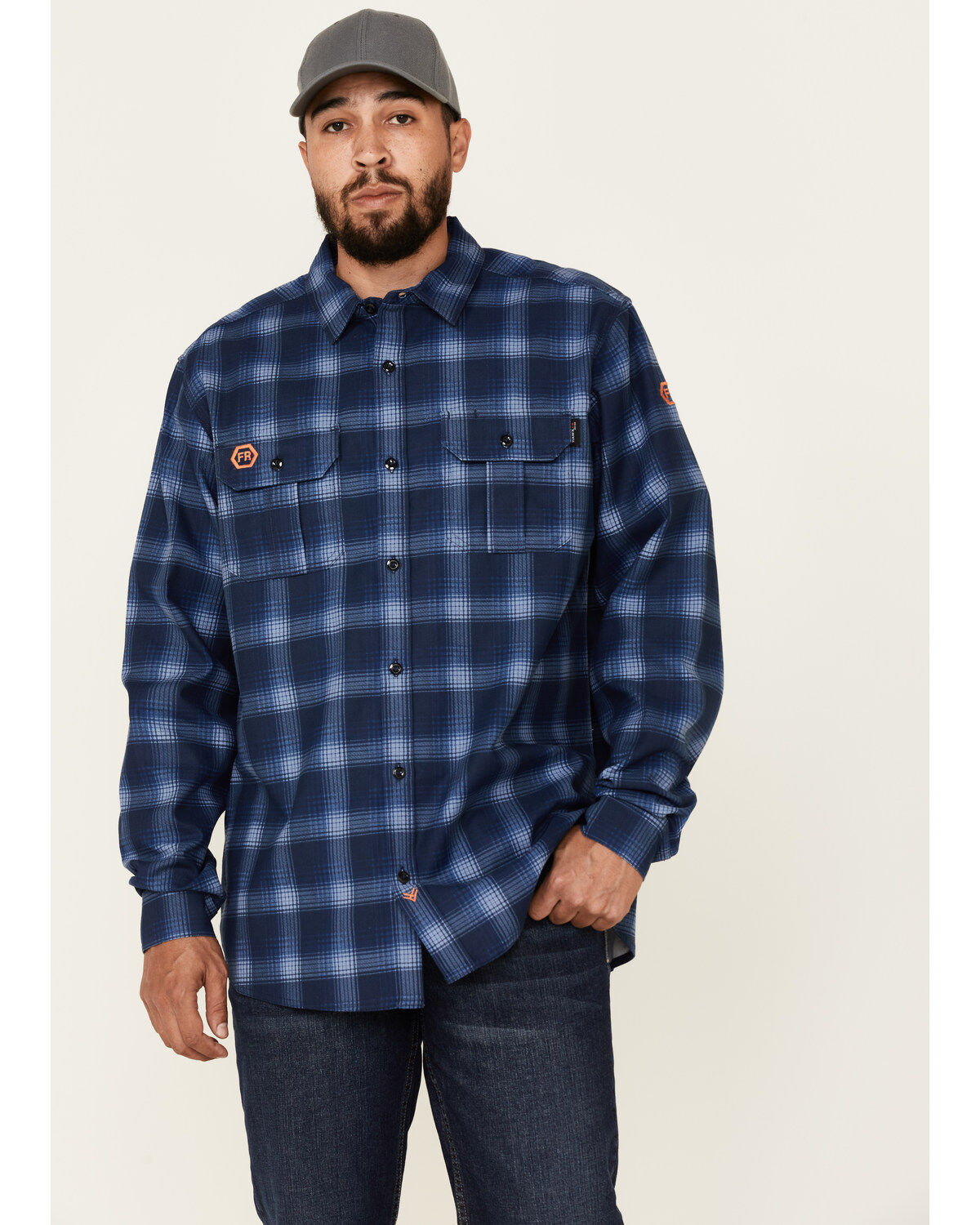 Image #1 - Hawx Men's FR Plaid Print Long Sleeve Button-Down Work Shirt, Navy, hi-res