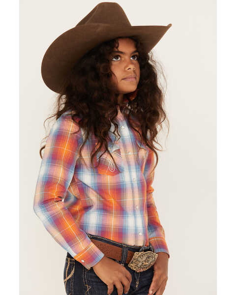 Image #2 - Panhandle Girls' Plaid Print Long Sleeve Western Pearl Snap Shirt, Red, hi-res