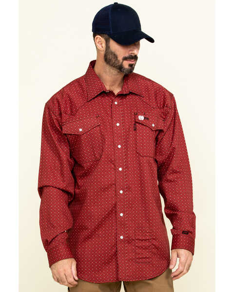Image #1 - Cinch Men's FR Red Geo Print Long Sleeve Work Shirt , , hi-res