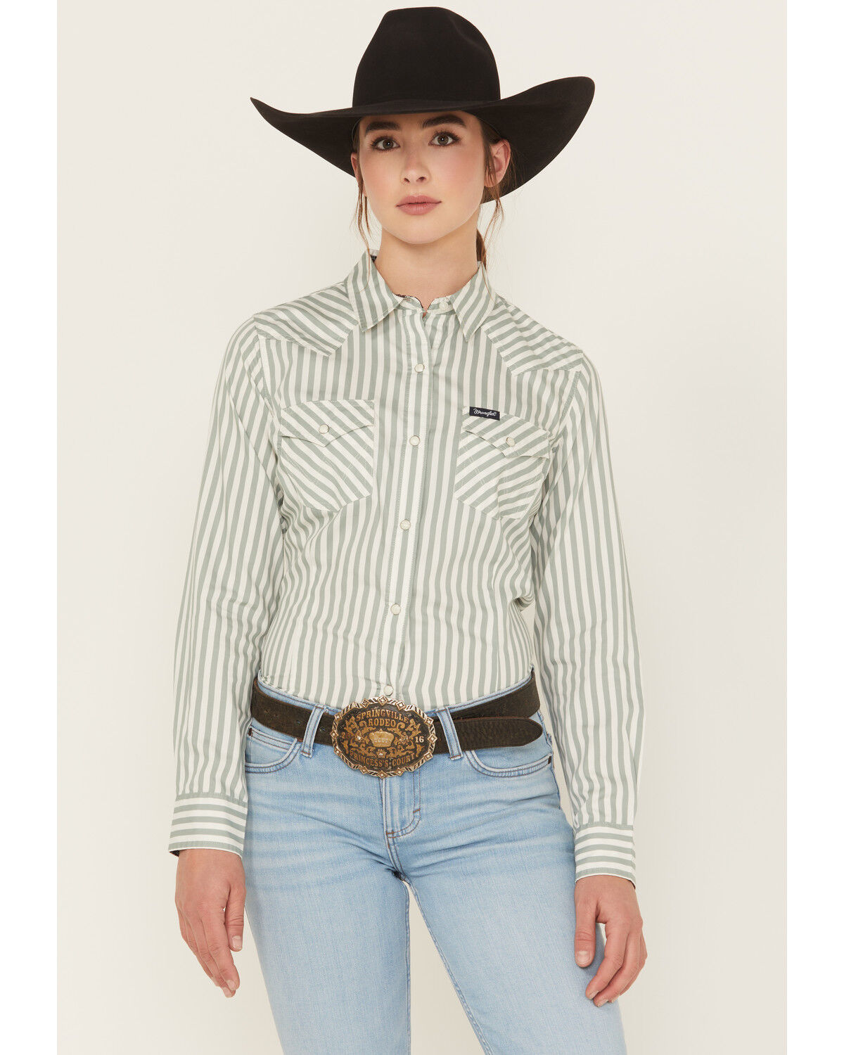 Image #1 - Wrangler Retro Women's Striped Long Sleeve Snap Western Shirt, Green, hi-res