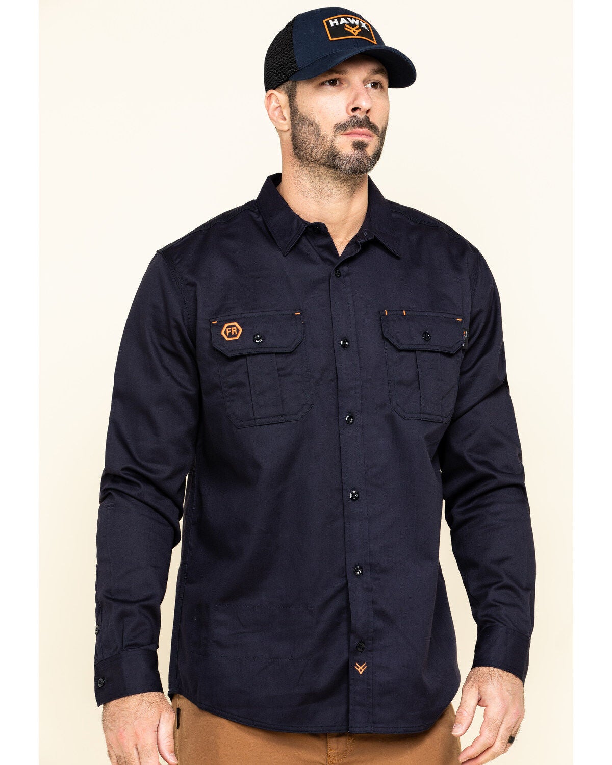 Hawx Men's FR Long Sleeve Button-Down Work Shirt - Big, Navy, hi-res