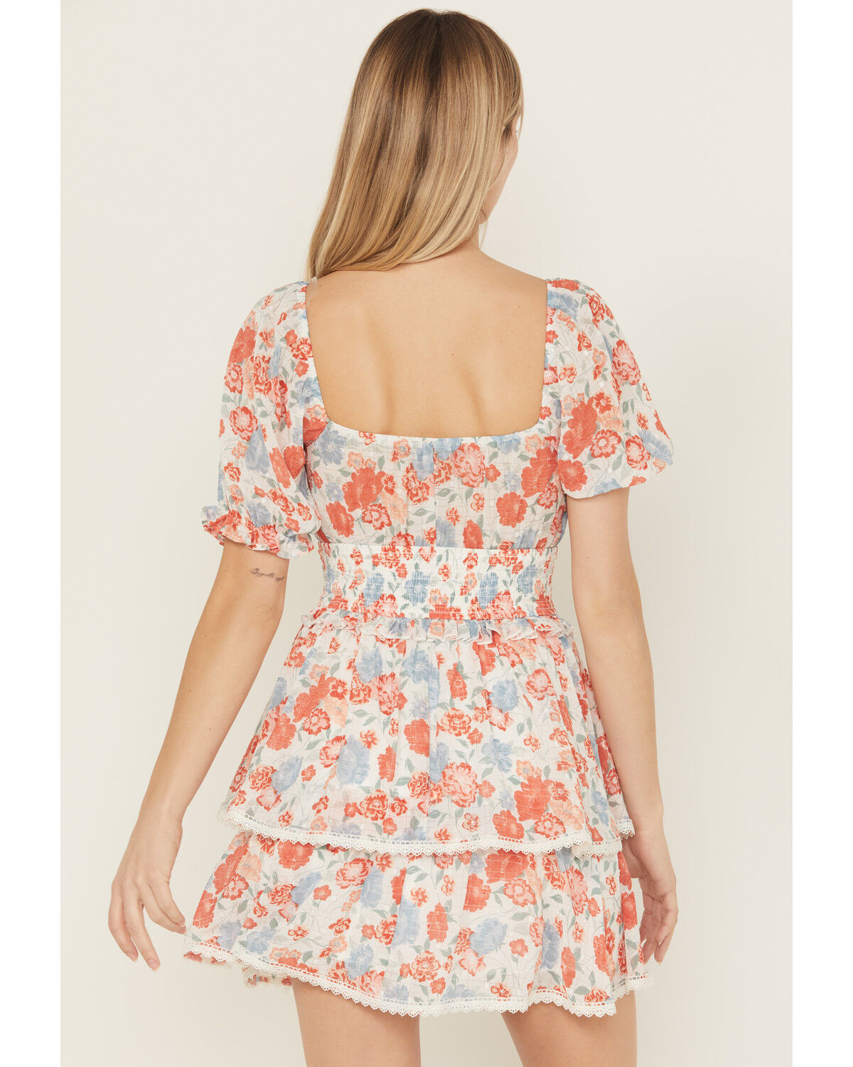 Product Name:  Ash & Violet Women's Floral Print Short Sleeve Lace Trim Mini Dress