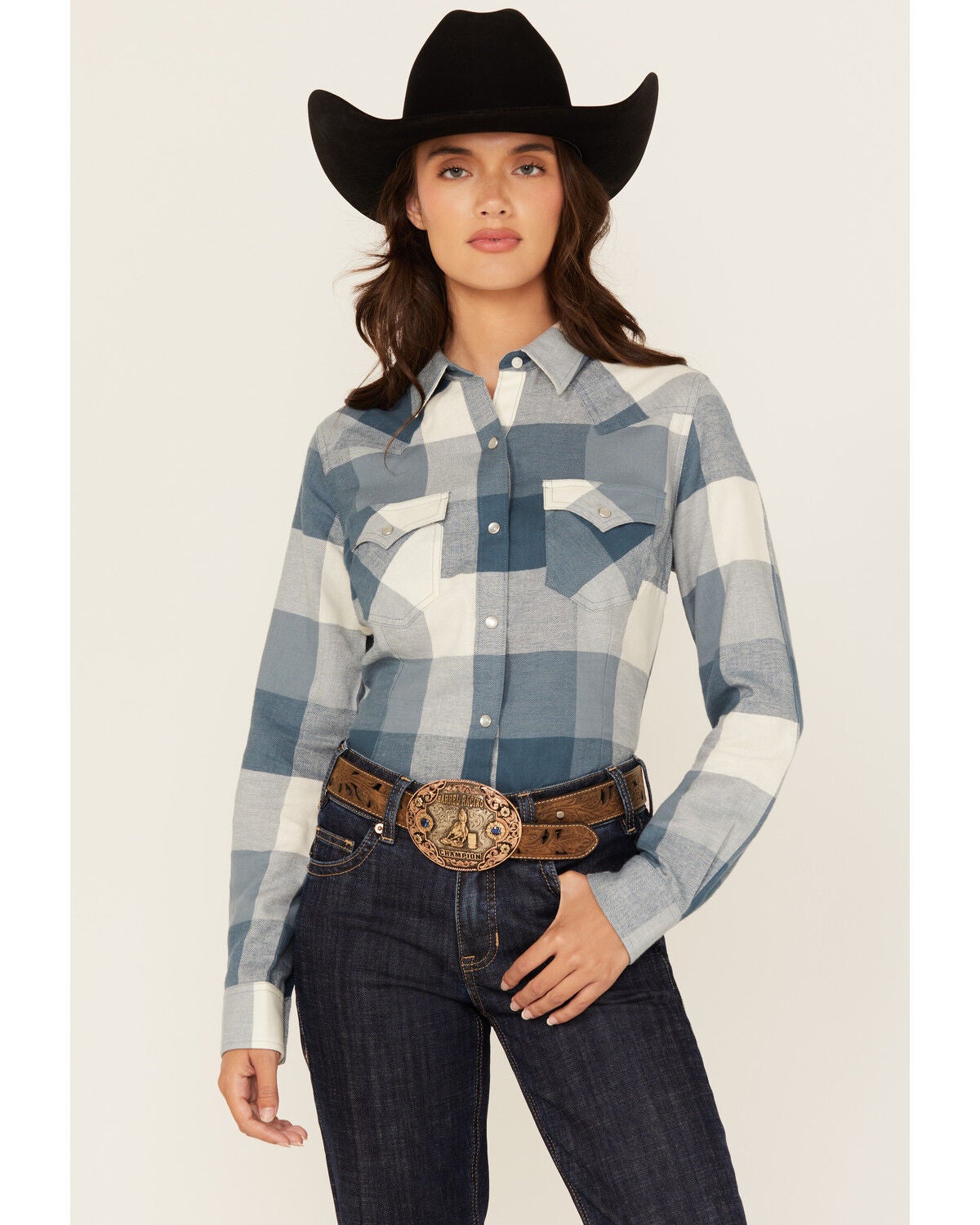 Wrangler Retro Women's Buffalo Plaid Print Long Sleeve Pearl Snap Flannel Shirt, Blue, hi-res