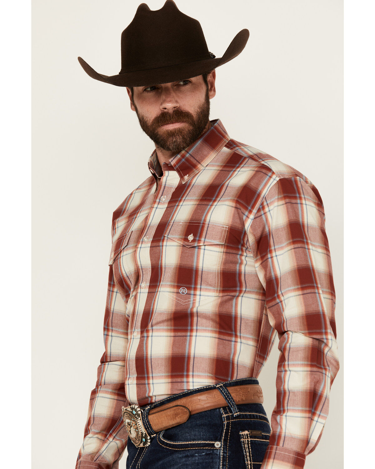 Image #2 - Roper Men's Amarillo Plaid Print Long Sleeve Button-Down Western Shirt, Red, hi-res