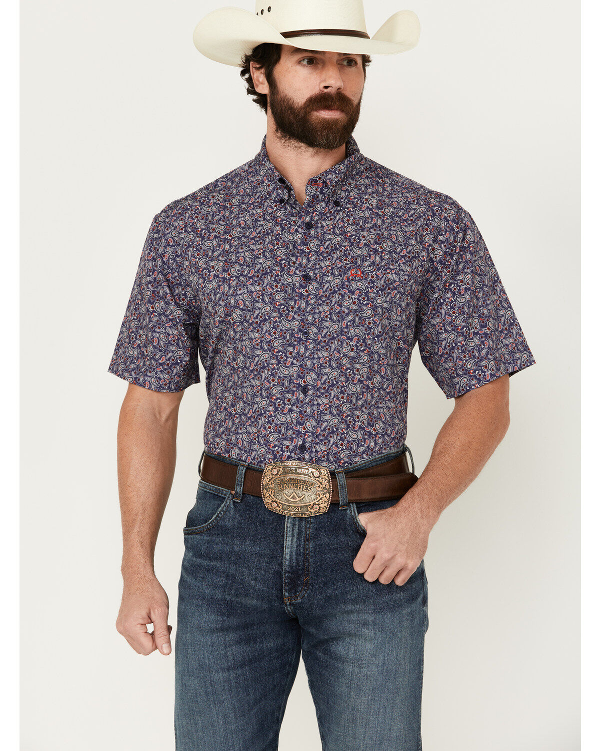 Image #1 - Cinch Men's ARENAFLEX® Paisley Print Short Sleeve Button-Down Stretch Performance Shirt, Dark Blue, hi-res