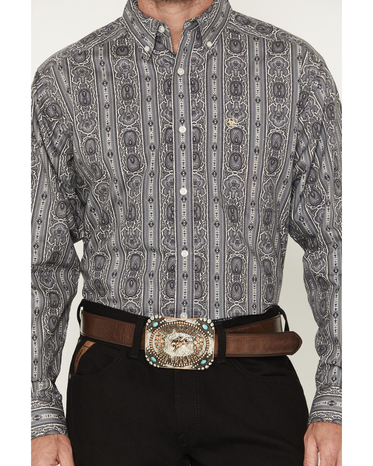 Image #3 - Ariat Men's Tatum Medallion Striped Long Sleeve Button-Down Western Shirt, Grey, hi-res