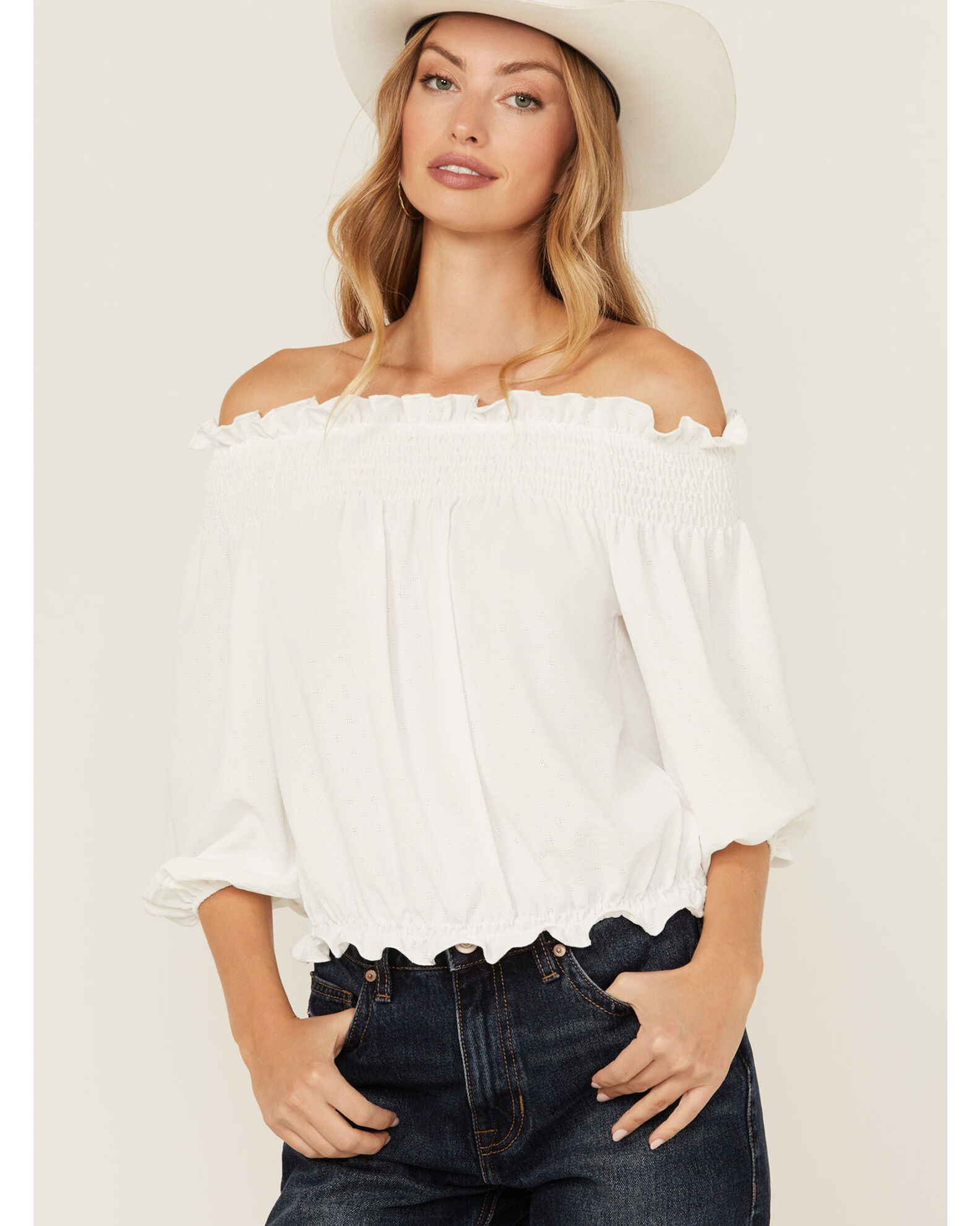 White smocked off the shoulder top best sale