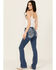 Image #1 - Miss Me Women's Dark Wash Mid Rise Faux Flap Pocket 34" Bootcut Stretch Denim Jeans, Dark Wash, hi-res