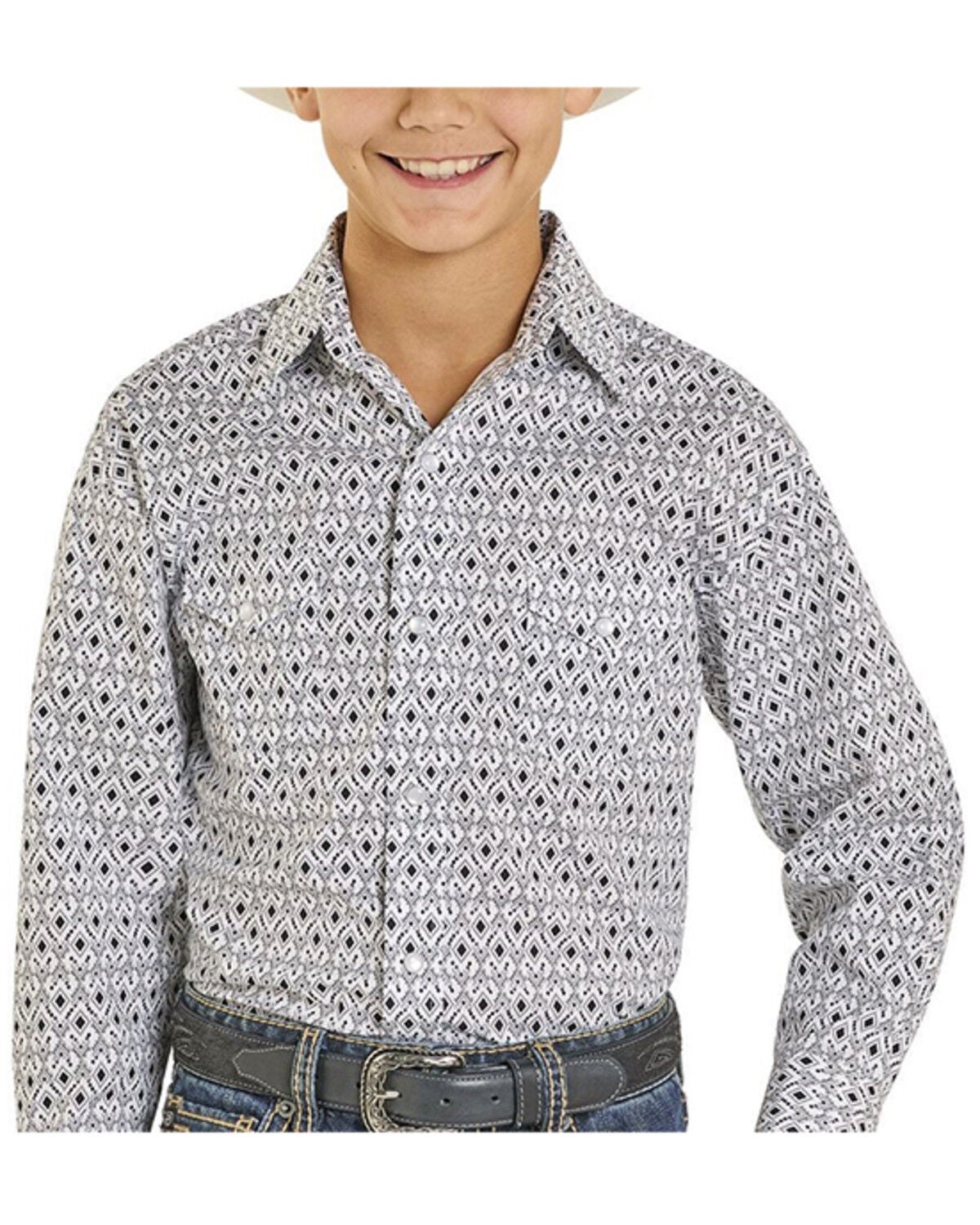 Panhandle Slim Boys' Geo Print Long Sleeve Snap Stretch Western Shirt, White, hi-res