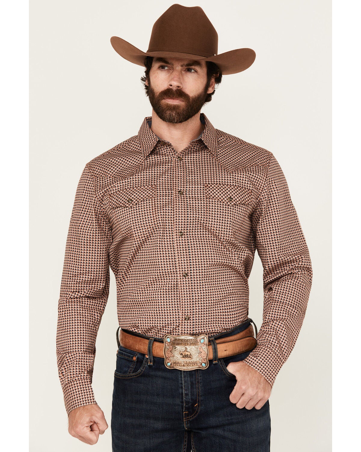 Cody James Men's Ramon Plaid Print Long Sleeve Snap Western Shirt, Brown, hi-res