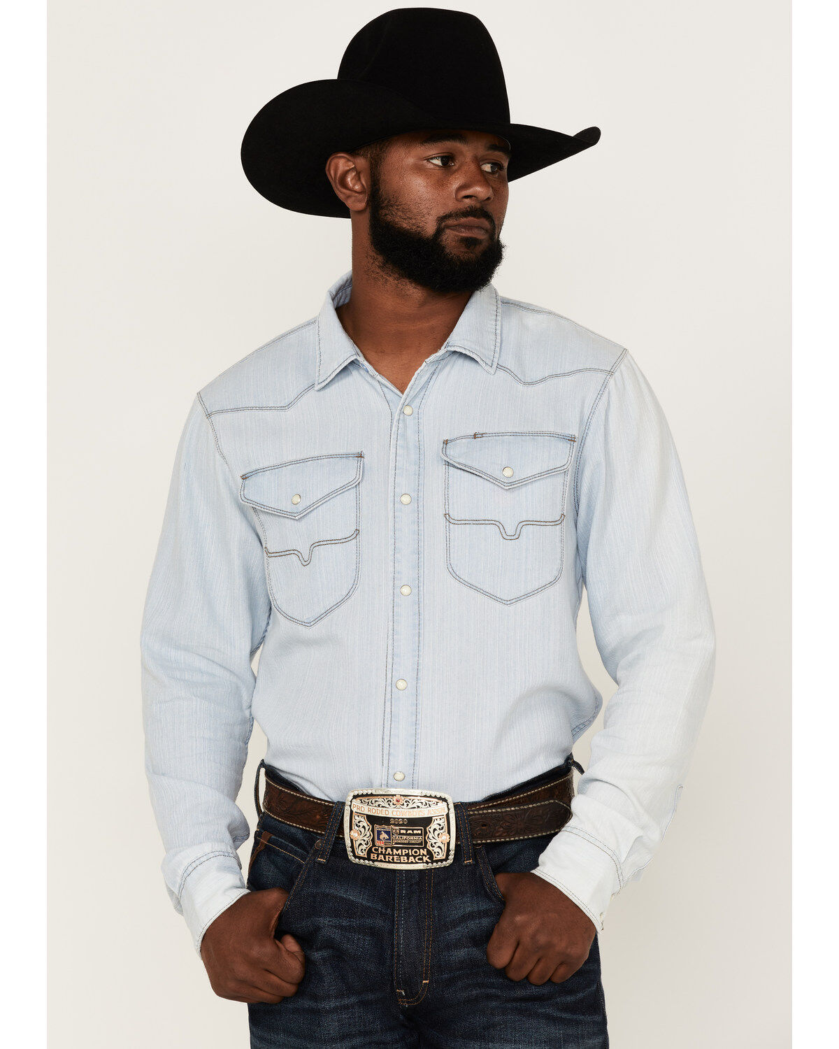 Image #1 - Kimes Ranch Men's Grimes Light Wash Denim Long Sleeve Snap Western Shirt, Light Blue, hi-res