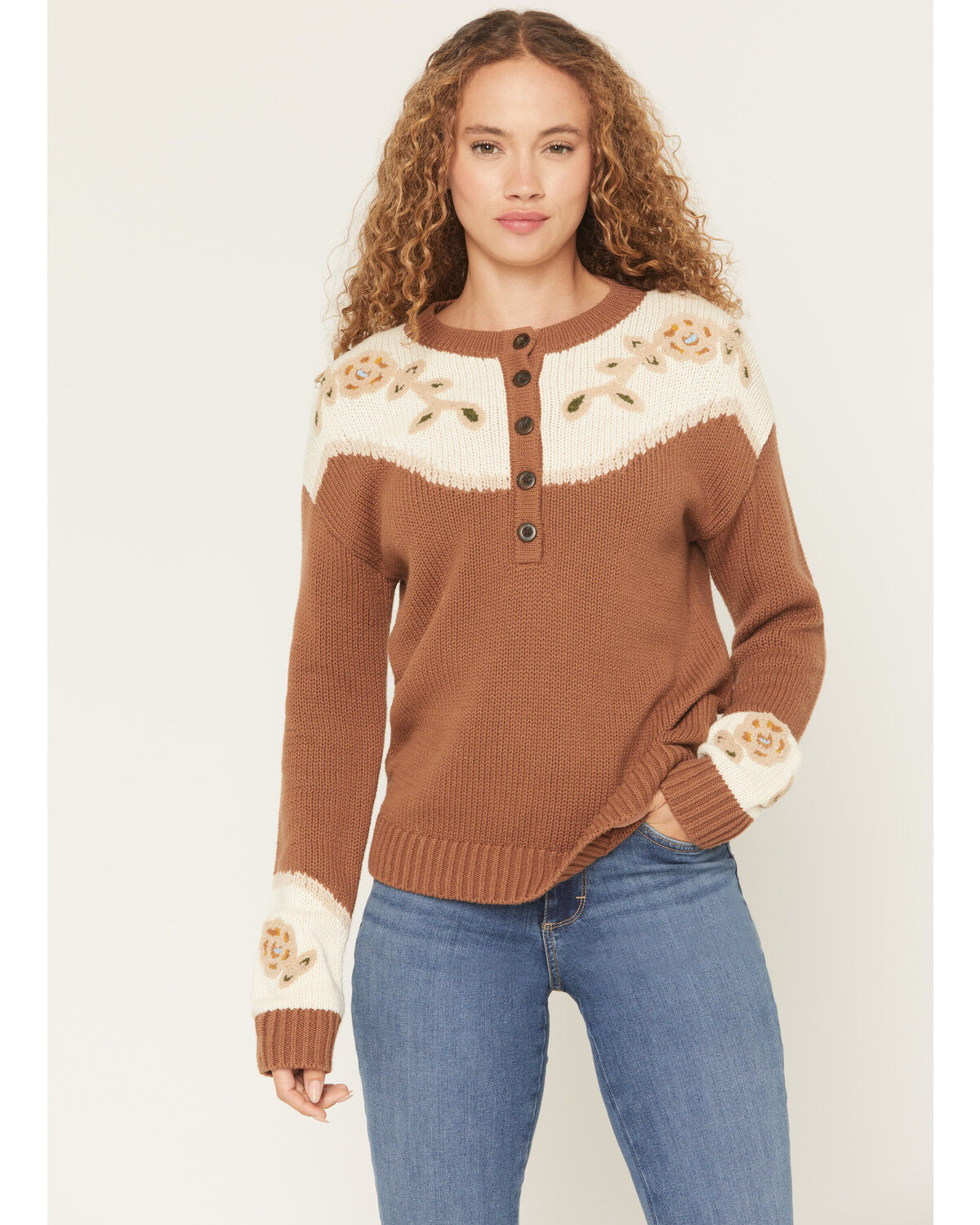 Image #1 - Pendleton Women's Floral Henley Sweater, Brown, hi-res