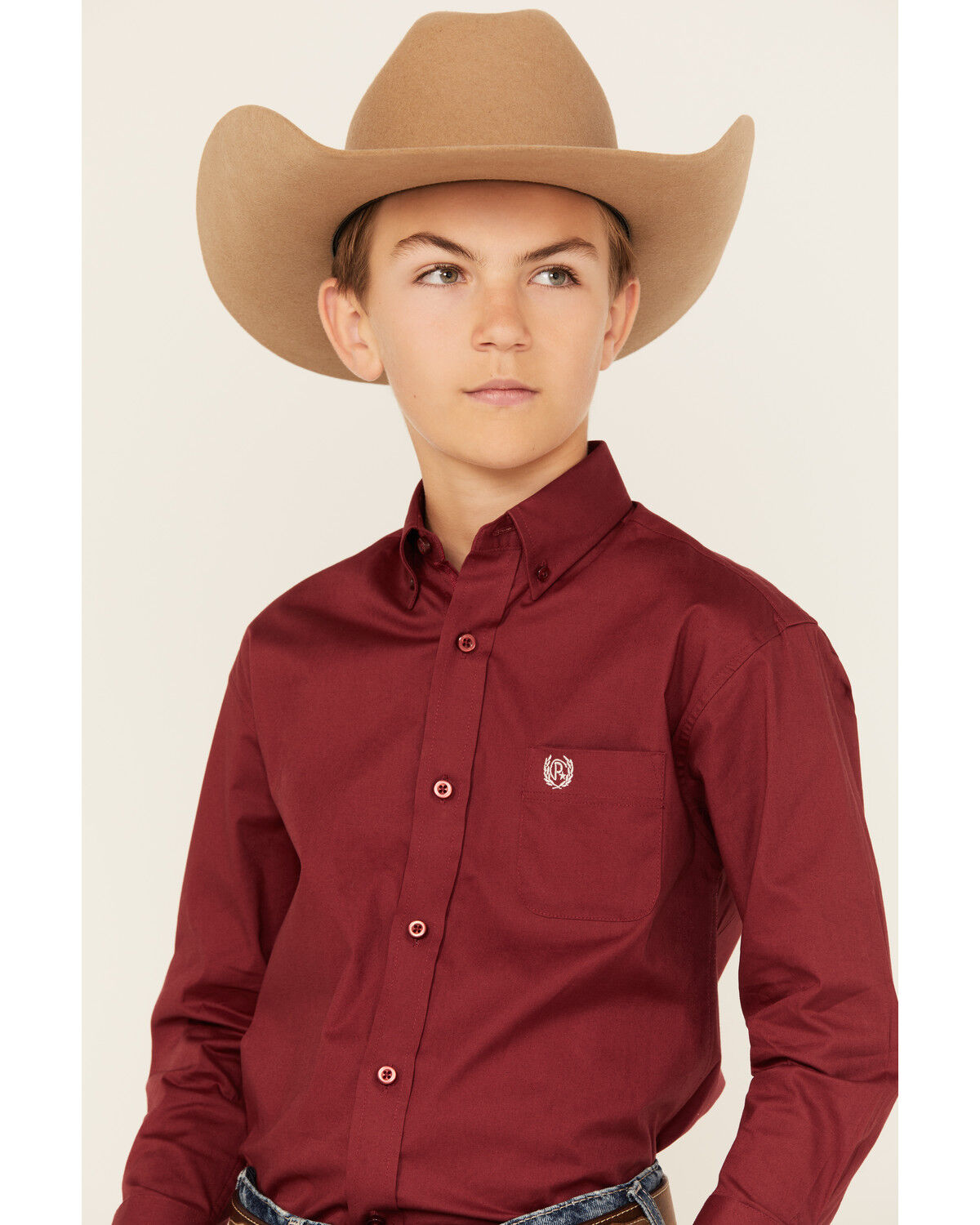 Image #2 - Panhandle Select Boys' Solid Long Sleeve Button-Down Stretch Western Shirt, Burgundy, hi-res