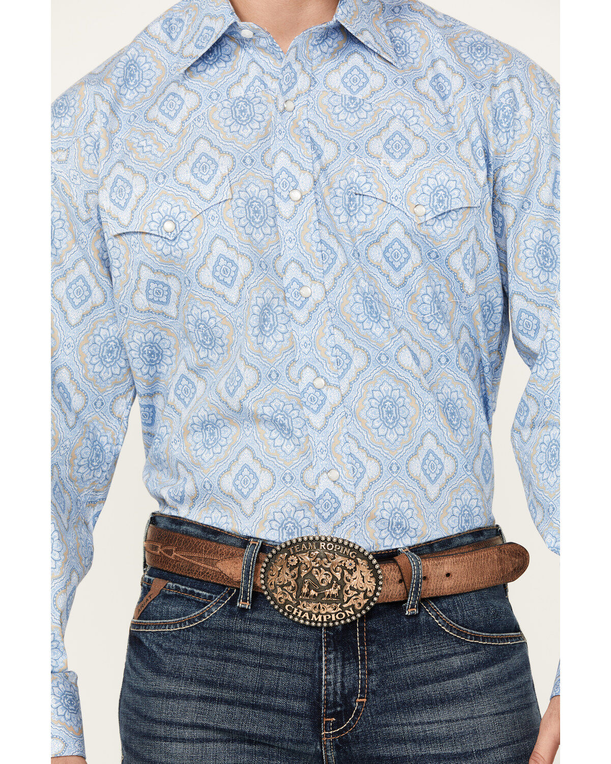 Image #3 - Stetson Men's Medallion Print Long Sleeve Pearl Snap Western Shirt, Blue, hi-res
