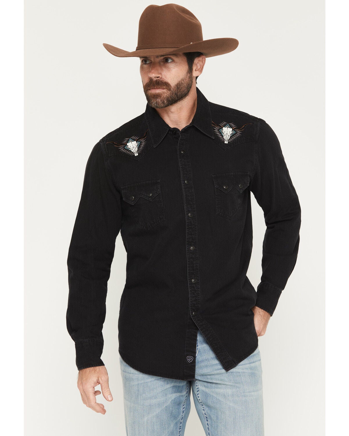 Image #1 - Rock & Roll Denim Men's Longhorn Embroidered Long Sleeve Snap Denim Shirt, Black, hi-res