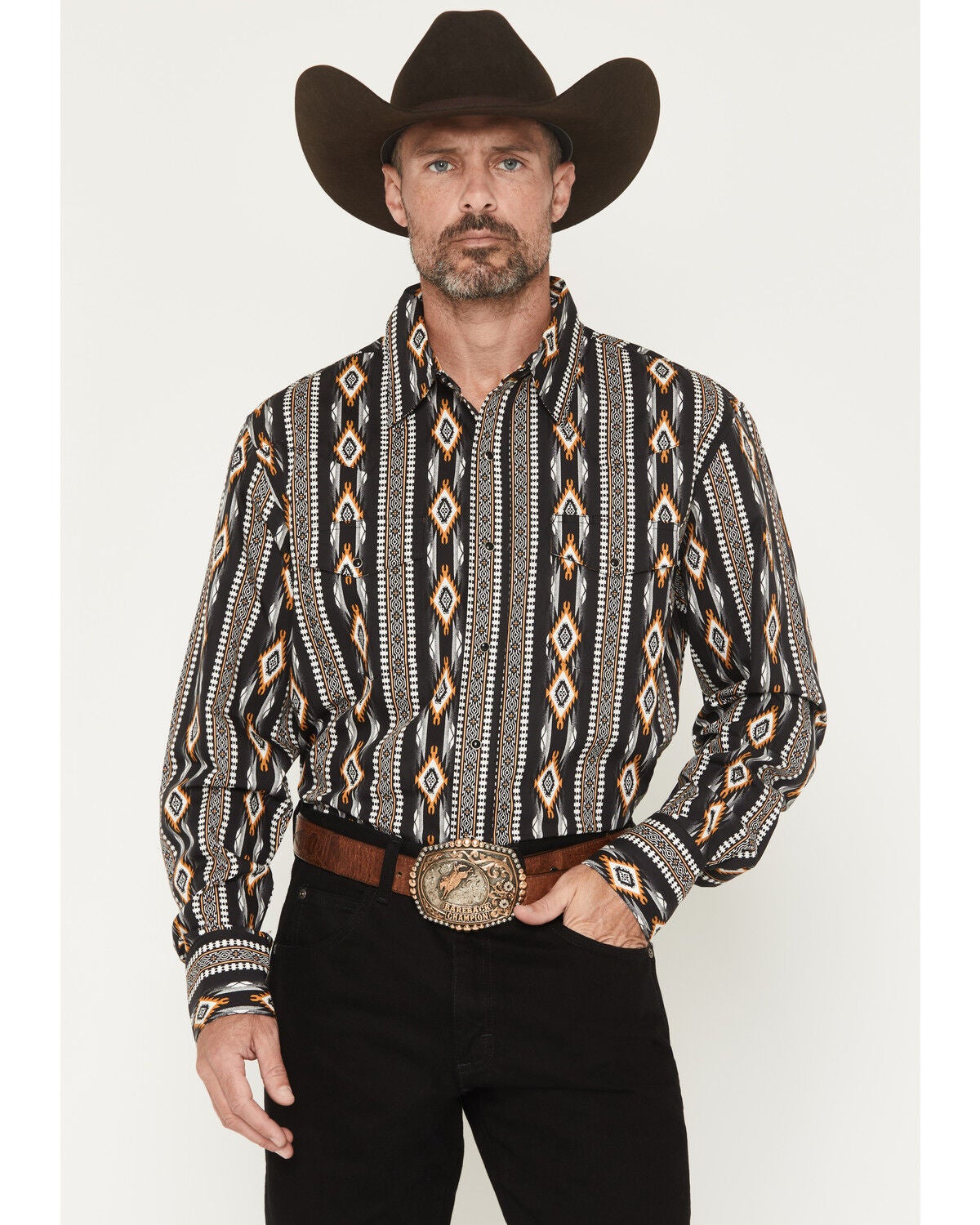 Image #1 - Wrangler Men's Checotah Southwestern Print Long Sleeve Snap Western Shirt, Black, hi-res