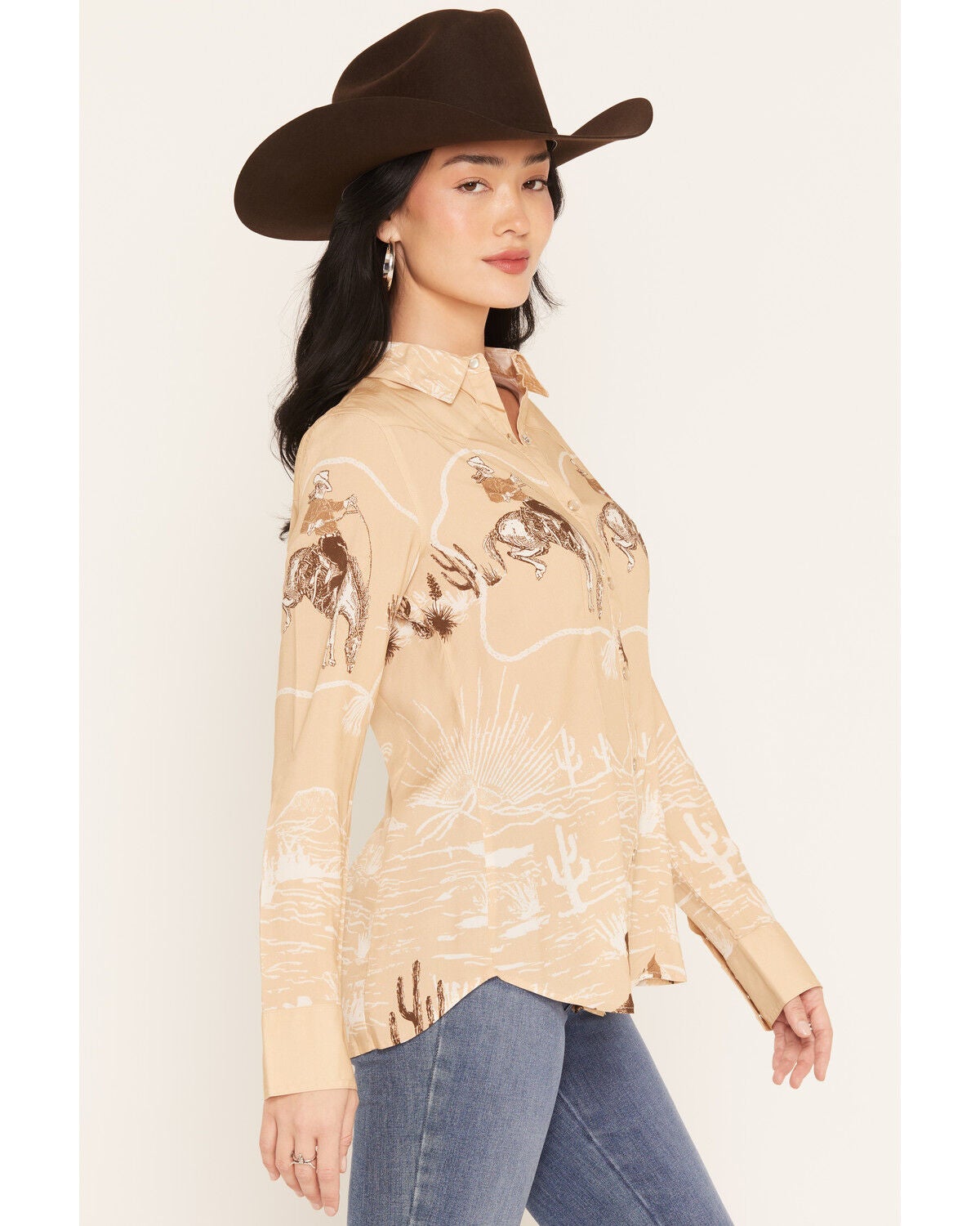 Image #2 - Lovlei Ranch Women's Cheyenne Cowboy Up Long Sleeve Pearl Snap Western Shirt, Tan, hi-res