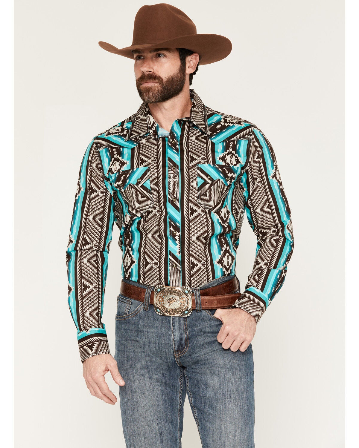 Rock & Roll Denim Men's Southwestern Print Long Sleeve Snap Stretch Western Shirt, Teal, hi-res
